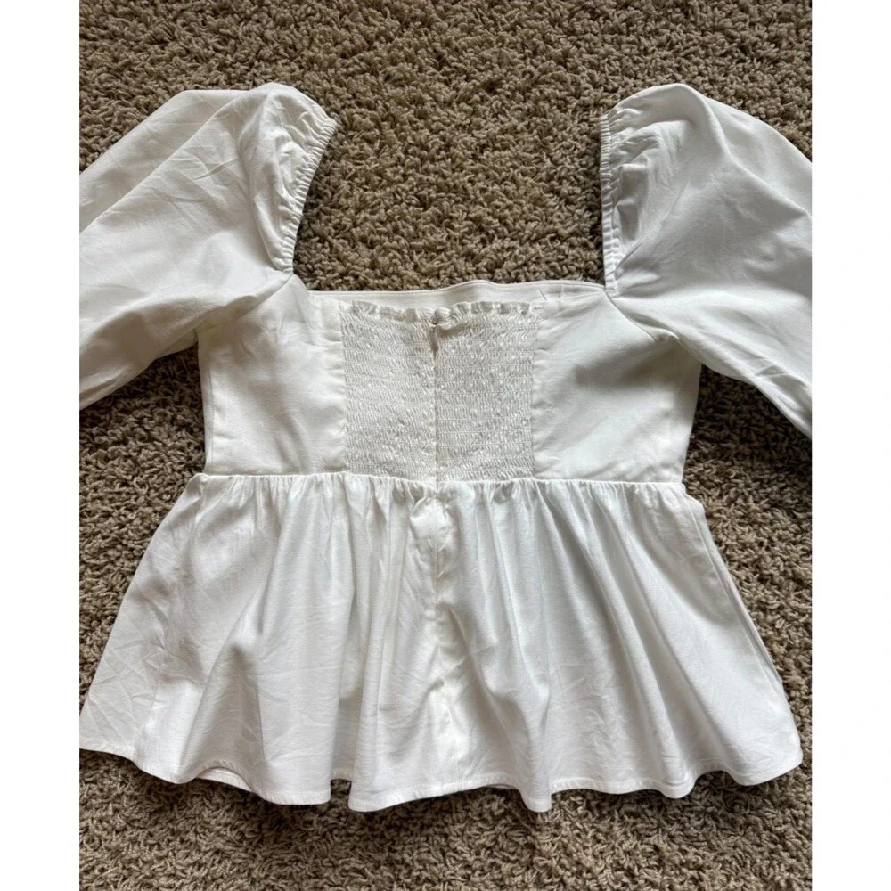 Reformation Organic Cotton Puff Sleeve Peasant Top Smocked Back Ivory Size 2